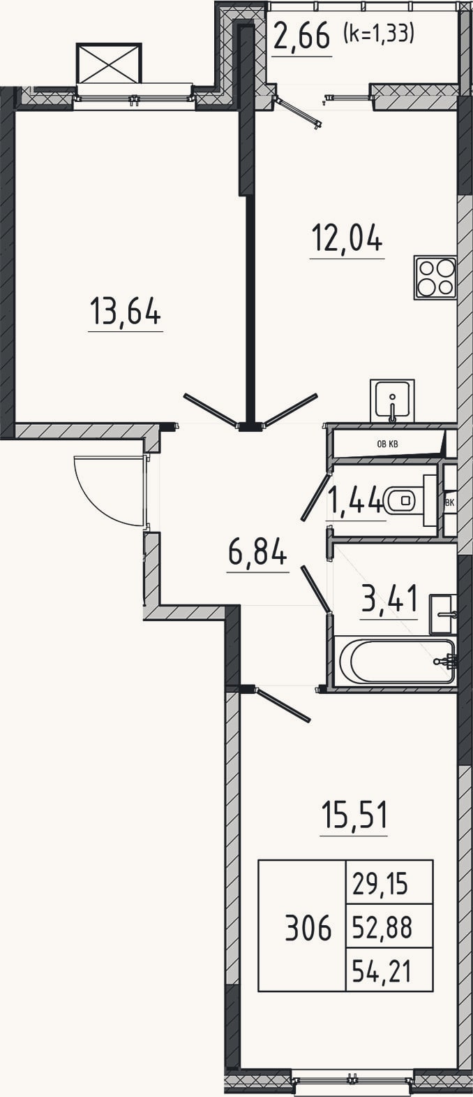 Планировка: 2-к, 52,9 м²