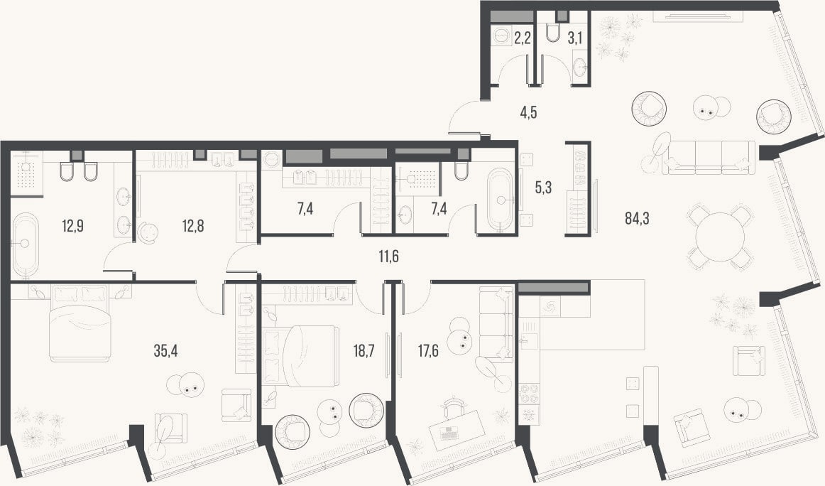 Планировка: 4+ к, 223,2 м²
