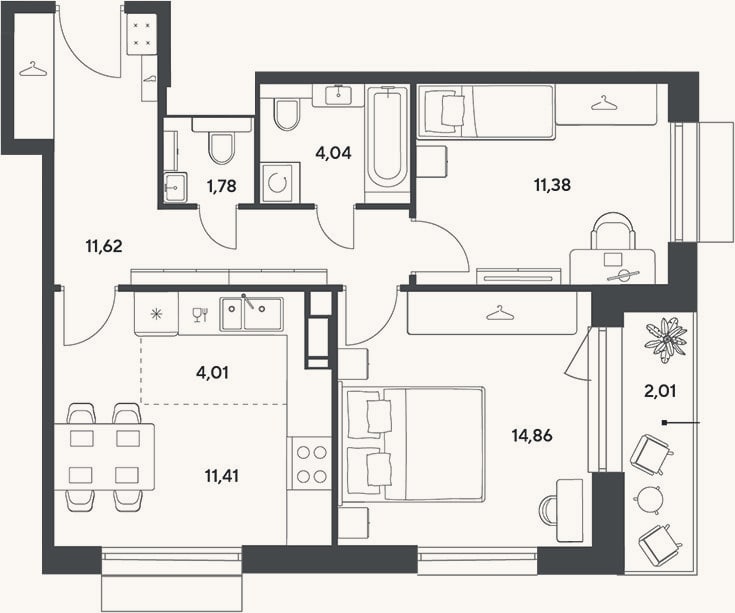 Планировка: 3-к, 59,1 м²