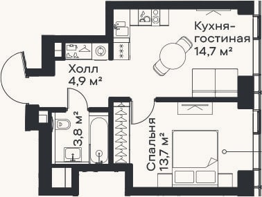 Планировка: 2-к, 37,1 м²