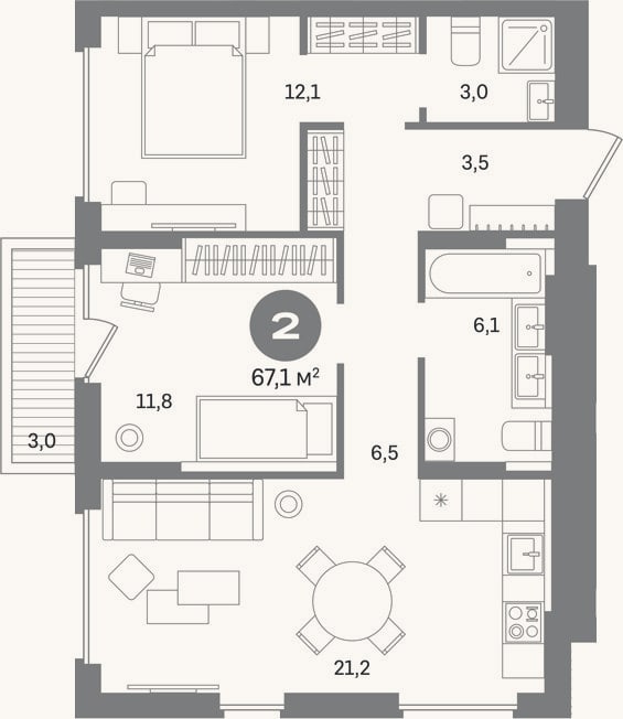 Планировка: 2-к, 64,1 м²