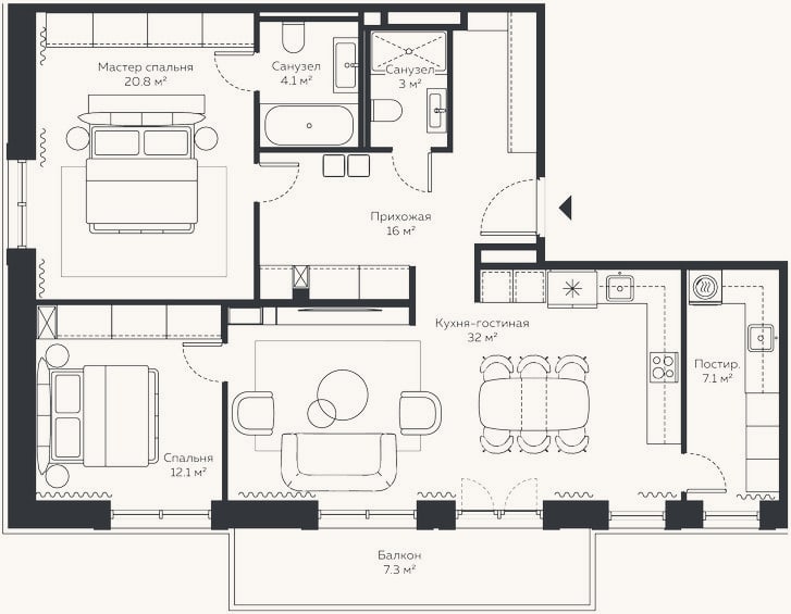 Планировка: 3-к, 105 м²