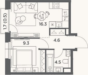 Планировка: 1-к, 34,7 м²