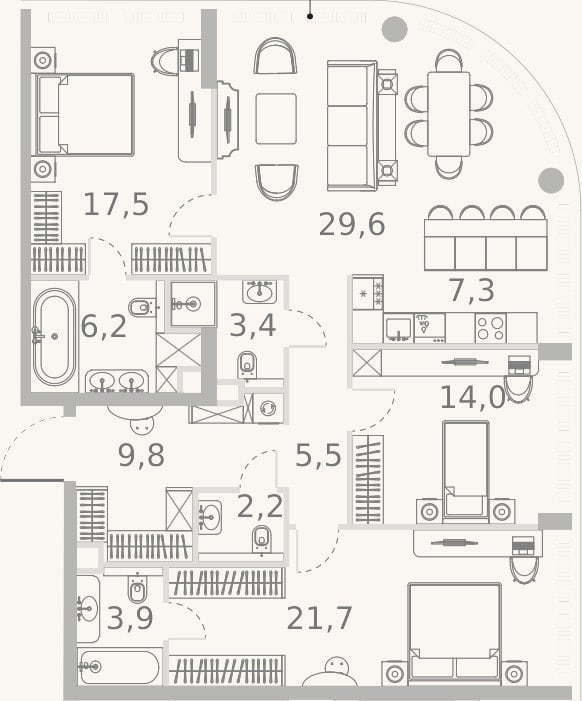 Планировка: 4+ к, 121,1 м²