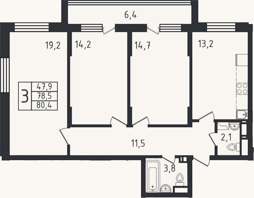 Планировка: 3-к, 78,5 м²