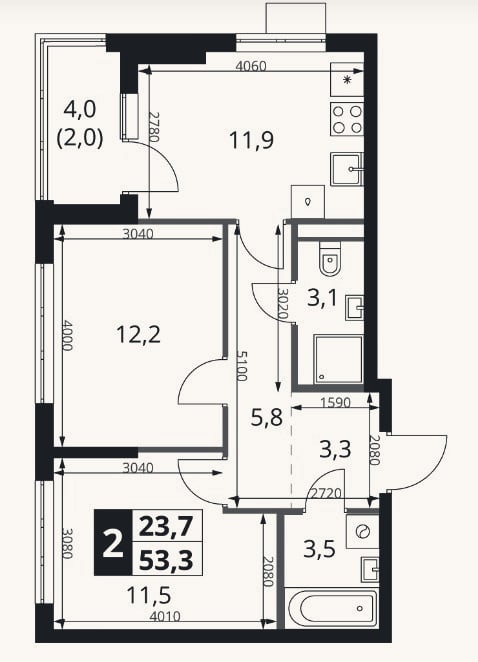 Планировка: 2-к, 51,3 м²