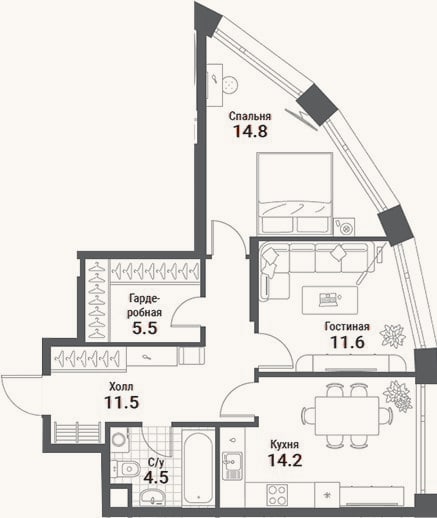 Планировка: 2-к, 62,1 м²