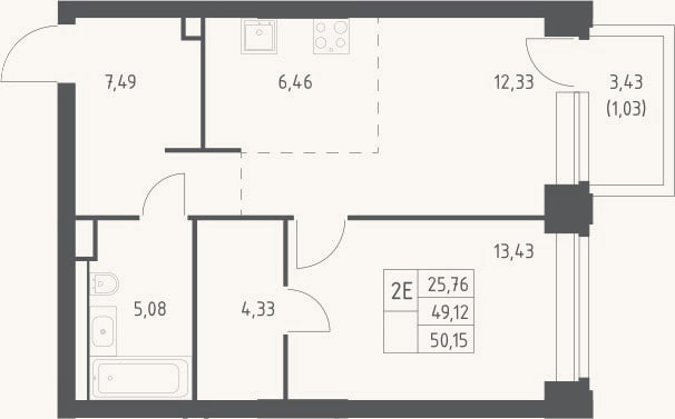 Планировка: 2-к, 49,1 м²