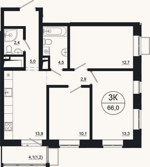 Планировка: 3-к, 64,8 м²
