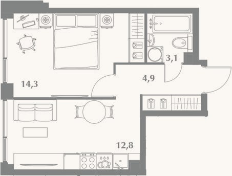 Планировка: 1-к, 35,1 м²