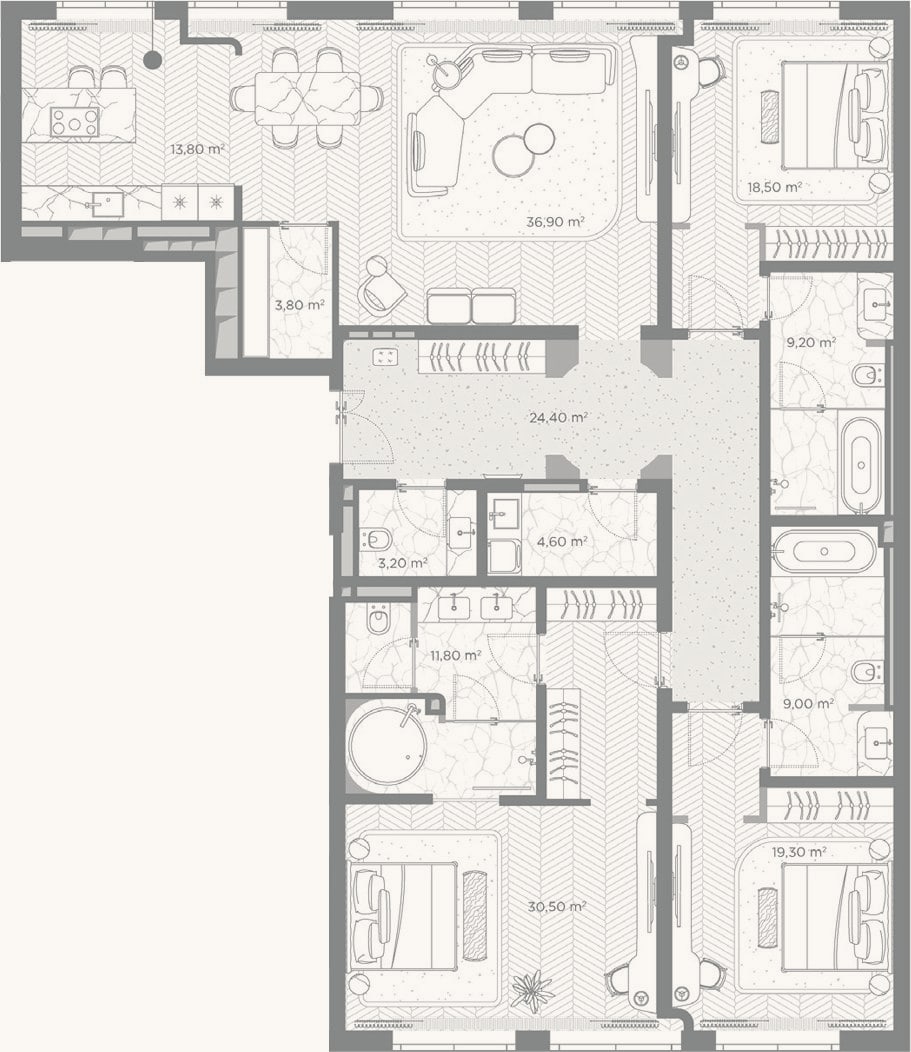 Планировка: 3-к, 185 м²