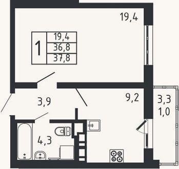 Планировка: 1-к, 36,8 м²