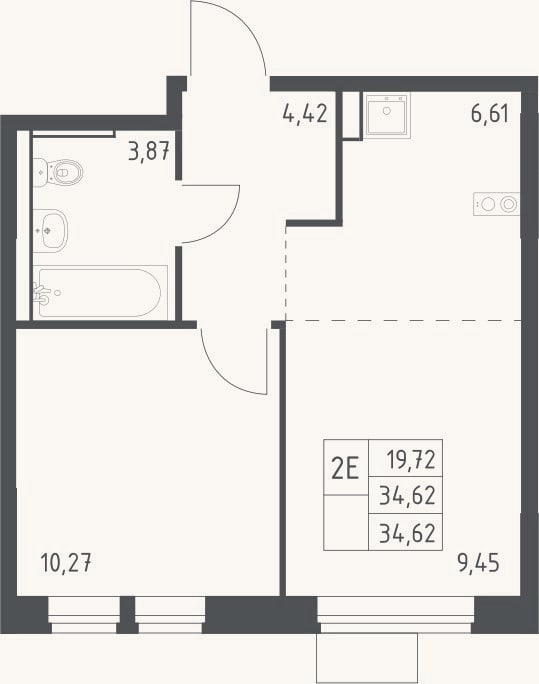 Планировка: 2-к, 34,6 м²