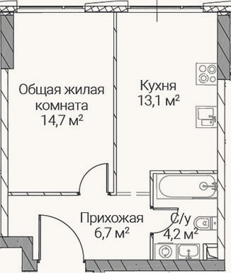 Планировка: 1-к, 38,7 м²