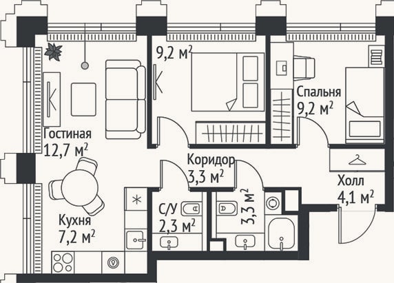 Планировка: 3-к, 51,3 м²