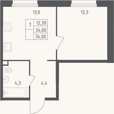 Планировка: 1-к, 34 м²