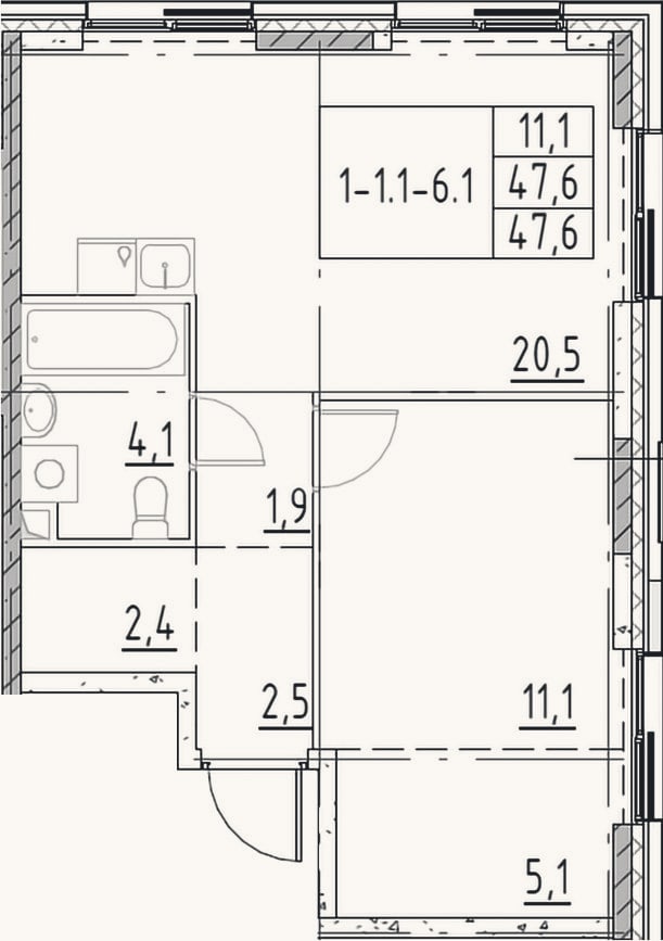 Планировка: 2-к, 47,6 м²