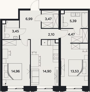 Планировка: 2-к, 69,3 м²