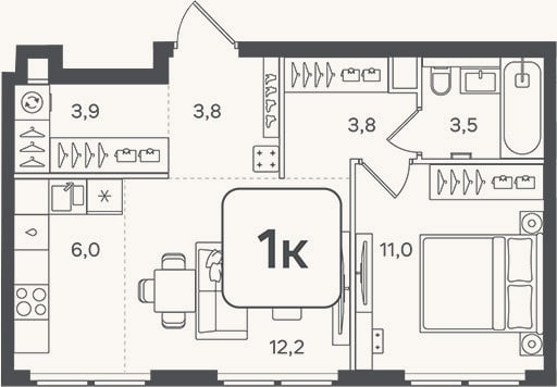 Планировка: 2-к, 44,2 м²
