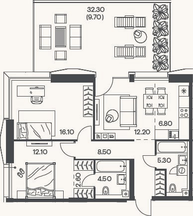 Планировка: 3-к, 68,1 м²