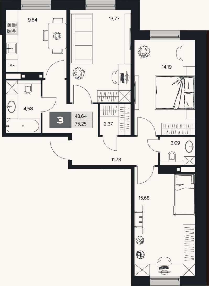 Планировка: 3-к, 75,3 м²