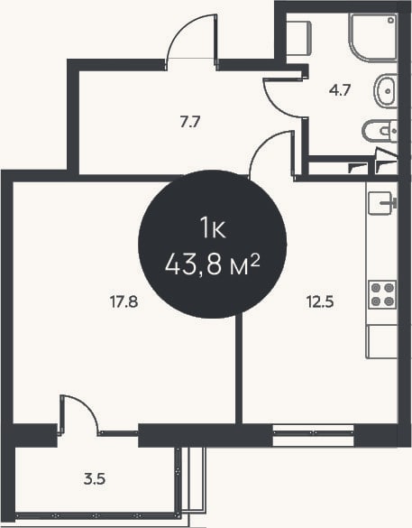 Планировка: 1-к, 42,7 м²