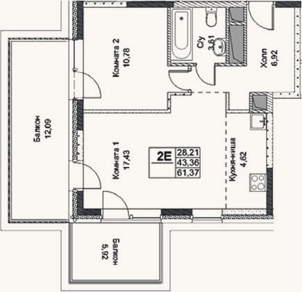 Планировка: 2-к, 43,4 м²