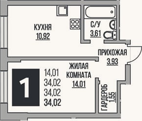 Планировка: 1-к, 34 м²