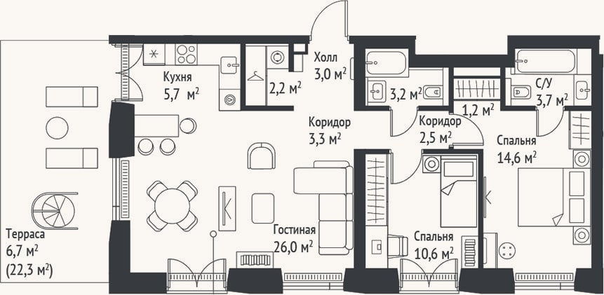 Планировка: 3-к, 76,1 м²