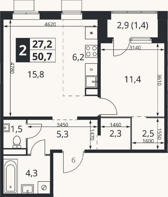 Планировка: 2-к, 49,3 м²