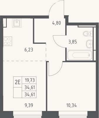 Планировка: 2-к, 34,6 м²
