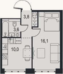 Планировка: 1-к, 33,5 м²