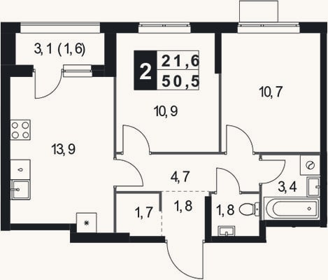 Планировка: 2-к, 48,9 м²