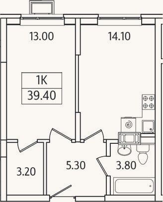Планировка: 1-к, 39,4 м²