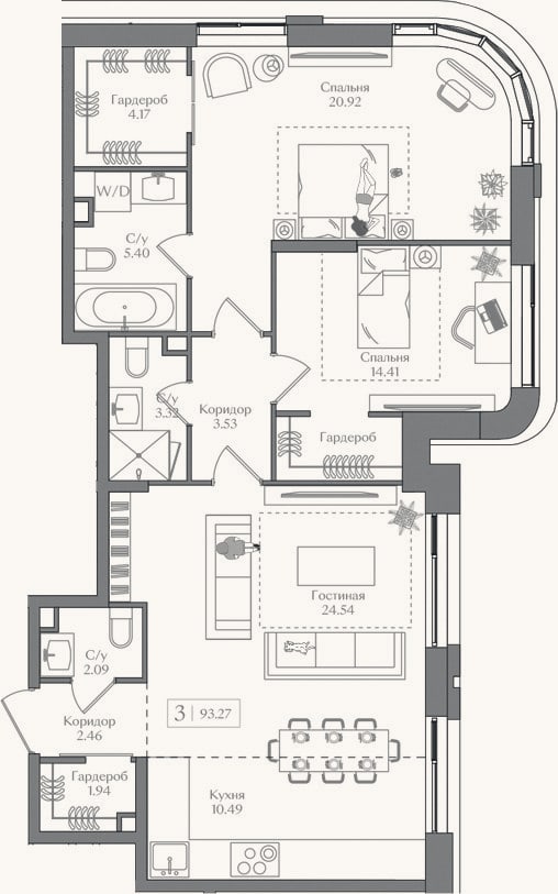 Планировка: 3-к, 93,3 м²