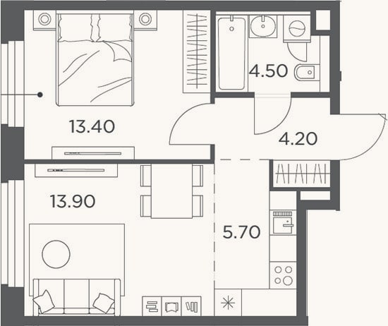 Планировка: 2-к, 43,5 м²