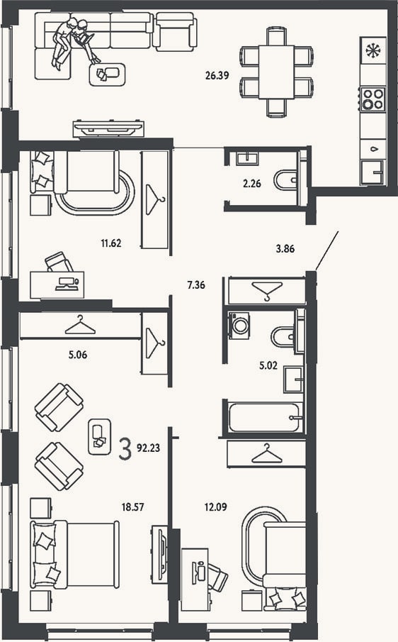 Планировка: 3-к, 92,2 м²