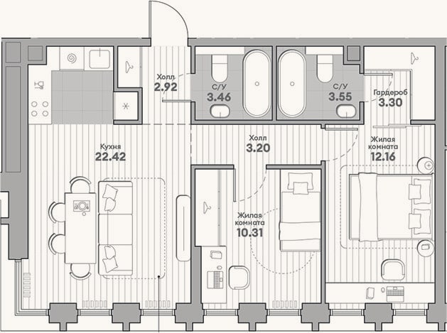 Планировка: 2-к, 61,3 м²