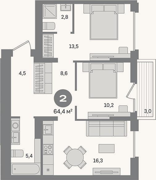 Планировка: 2-к, 61,4 м²
