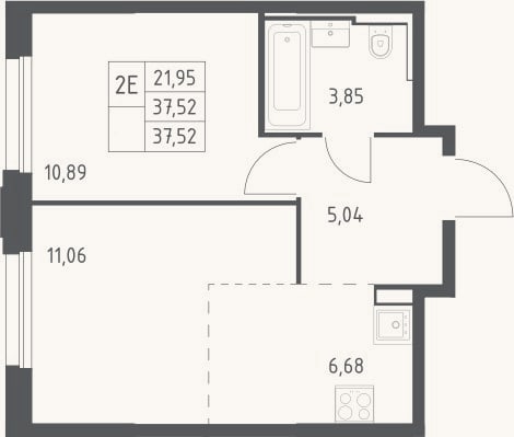 Планировка: 2-к, 37,5 м²