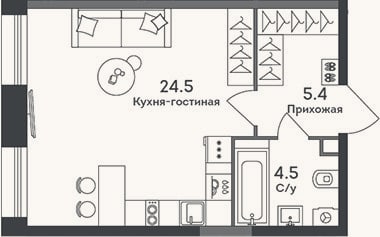 Планировка: Студия, 34,4 м²