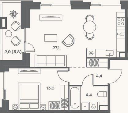 Планировка: 2-к, 48,9 м²