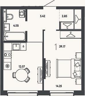Планировка: 1-к, 39,2 м²