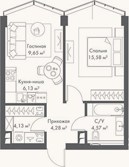 Планировка: 2-к, 44,3 м²