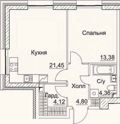Планировка: 2-к, 48,1 м²