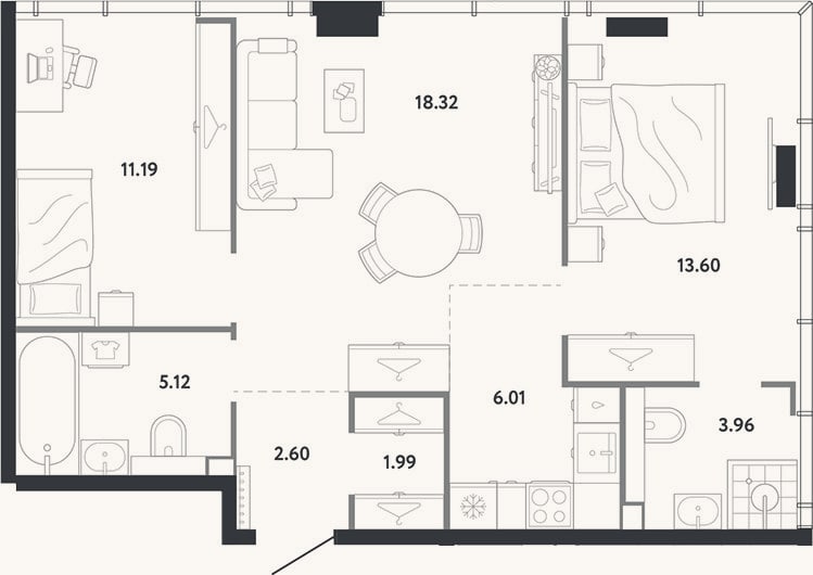Планировка: 2-к, 62,8 м²
