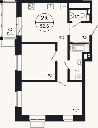 Планировка: 2-к, 51,3 м²