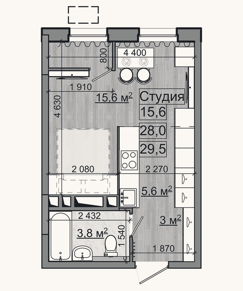 Планировка: Студия, 28 м²