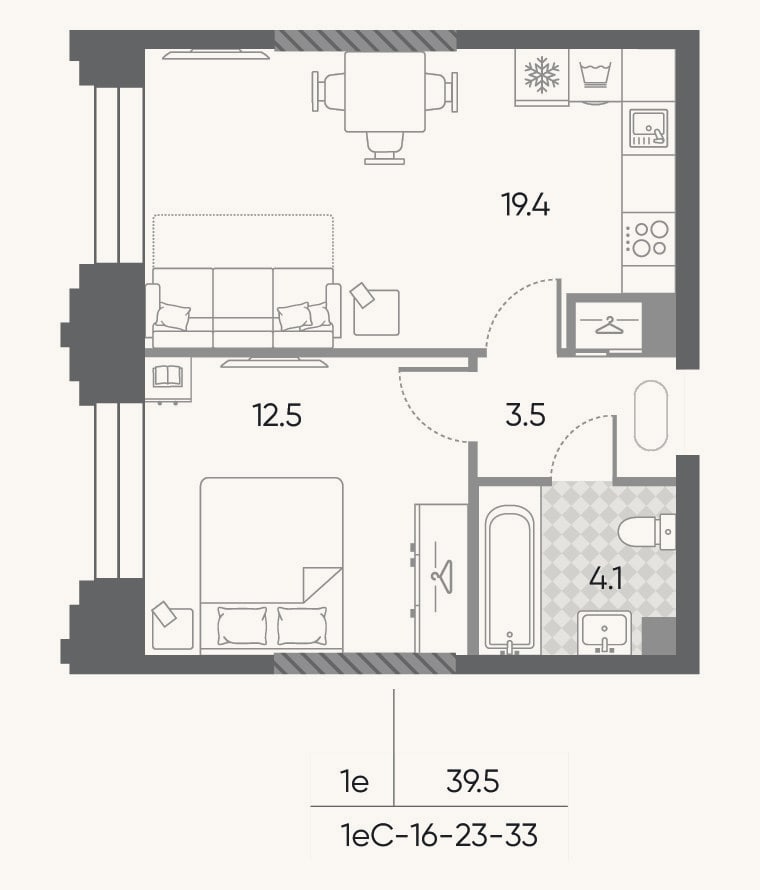 Планировка: 2-к, 39,5 м²
