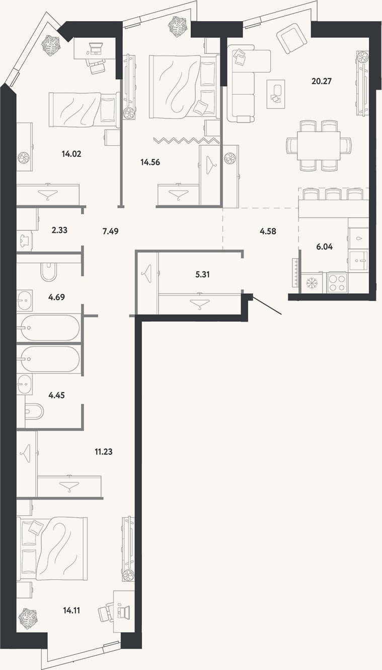 Планировка: 3-к, 109,1 м²